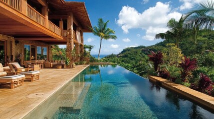Fototapeta premium Tropical resort-style villa exterior with open-air spaces, lush landscaping, and infinity pool vistas. 
