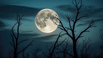 Fototapeta premium Nighttime scenery showcasing a super moon with bright moonlight behind a silhouetted dead tree, peaceful outdoor environment.