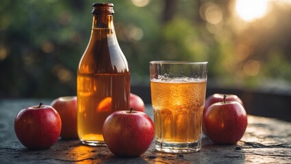 Rustic bottle and glass of fresh sparkling apple cider alongside red ripe apples on a stone table in the garden restaurant during a sunny spring evening.