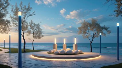 Slim trees and contemporary blue streetlights adorn a seaside park, offering a soothing view of the wide, peaceful ocean