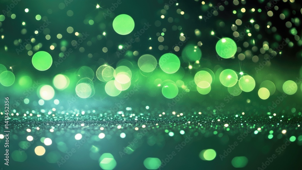Wall mural festive background with green sparkling lights and texture. abstract bright bokeh twinkles and falli