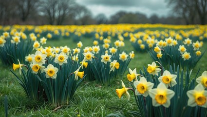 Obraz premium With the onset of spring, lively daffodils appear from the verdant grass, their cheerful flowers infusing color into the reviving landscape.