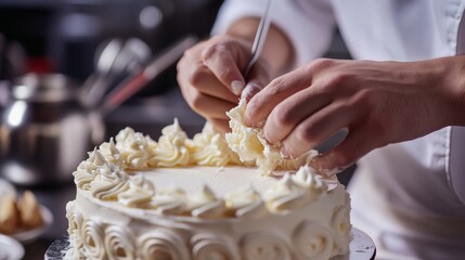 Chef decorating a cake with icing in a pastry kitchen. Featuring culinary artistry and attention to detail