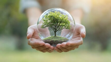 Hands holding a glass orb with a tree inside: symbol of nature and conservation