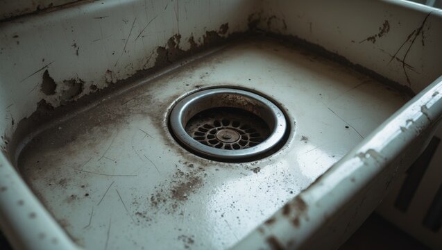 Stained washbasin showing rust, limescale buildup, and soap scum