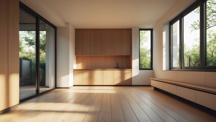 Obraz premium Current living space showcasing wooden cabinets built into the design