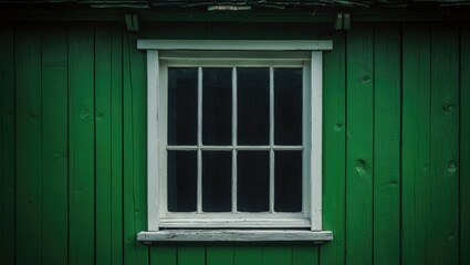 Rustic window in a cottage. Green wood wall. Background of countryside architecture. Small white-framed window. Empty interior space for text. Square window design.