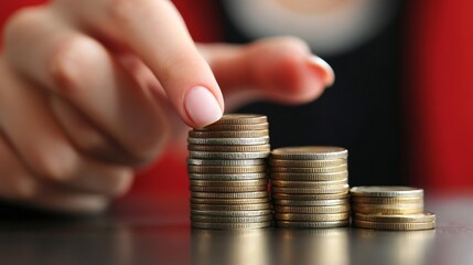 Female hand stacks coins in increasing order on table