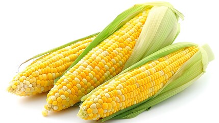 Three ears of fresh bi-color sweet corn in their husks, showcasing yellow and white kernels.