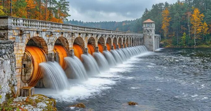 Autumn dam waterfall