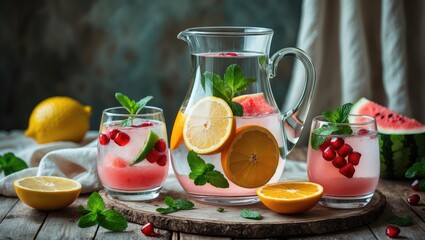 Infused Detox Water with Mint, Pomegranate, Grapefruit, and Orange