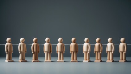 Line of figurines linked together. Collaboration and engagement among individuals and staff. Spread of information within the community, gossip. Interaction. Social connections.