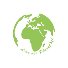 Eco friendly earth illustration in green with text ,LOVE OUR PLANET, and flying birds. Perfect for earth day, sustainability, nature awareness, ecology campaigns and nature conservation design themes