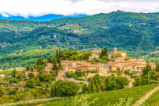 Greve in Chianti, Tuscany, Italy. little mountain village set among vineyards and trees.