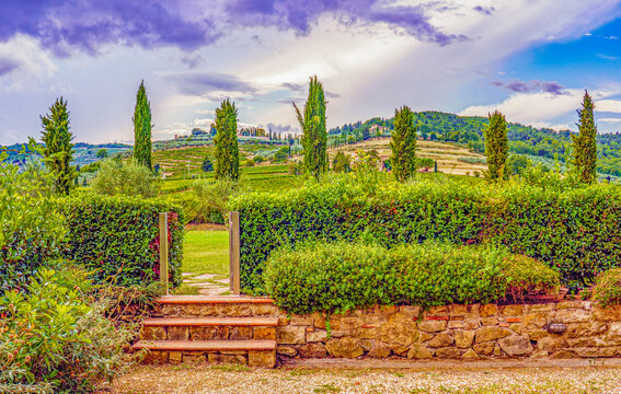 Greve in Chianti, Tuscany, Italy. a vineyard farm towards the hills.
