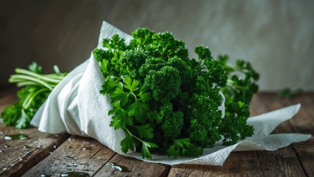 Bunch of parsley enclosed in a damp paper towel