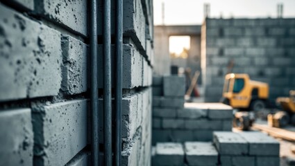Installation of steel bars in brick blocks on construction site, selective focus