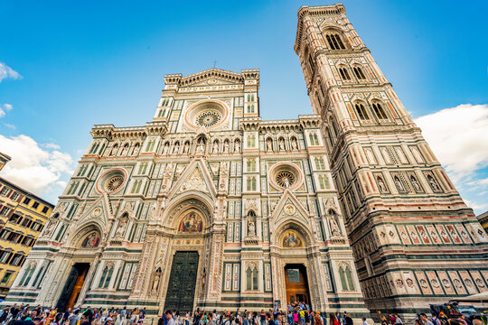 Florence Cathedral, Florence, Tuscany, Italy. Neo-Gothic 19th Century facade of gothic cathedral.