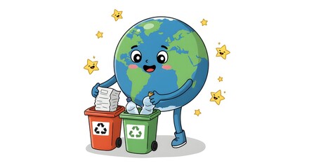 Obraz premium Cute Globe Character Recycling Plastic Bottles and Paper in Bins