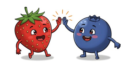 Fototapeta premium Cartoon Strawberry and Blueberry High-Fiving with Smiles