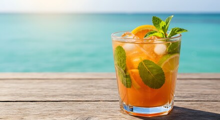 Obraz premium Refreshing Orange Mint Cocktail by the Beach