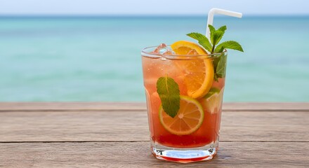 Obraz premium Refreshing Fruit Punch Drink with Citrus Slices and Mint by the Beach
