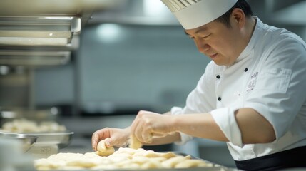 Chef kneading dough in a bakery kitchen. Featuring food preparation and baking techniques