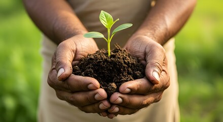 Fototapeta premium Hands Holding Soil with Growing Plant Seedling