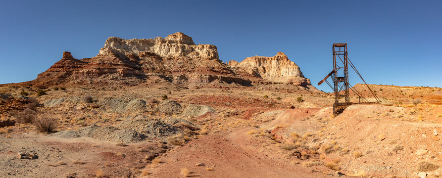 Colorful Temple Mountain and remains of a once booming uranium mining operation in the San Rafael Swell Utah.