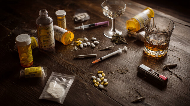 Scattered pills, syringes, alcohol, and drug paraphernalia on a dark wooden surface, depicting the harsh reality of substance abuse and its devastating consequences