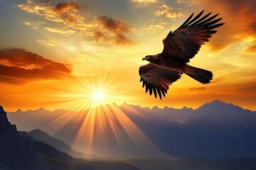 Majestic eagle soaring at sunset over mountains