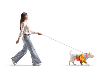 Teenage girl walking a dog with a coat
