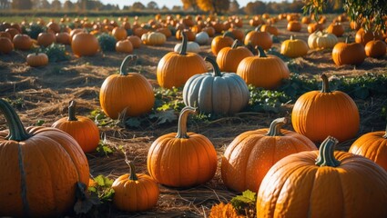 Radiant evening at the pumpkin plantation. Harvest your own pumpkins. Festively arranged pumpkin field.