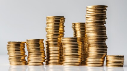 Piles of coins set against a white backdrop
