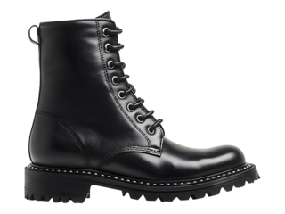 Stylish black leather combat boots with laceup detail.  Perfect for fashion, lifestyle, or ecommerce websites.  Conveys strength, individuality, and a rebellious spirit.