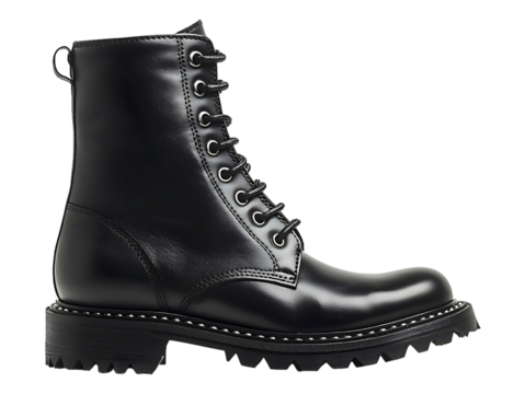 Stylish black leather combat boots with laceup detail.  Perfect for fashion, lifestyle, or ecommerce websites.  Conveys strength, individuality, and a rebellious spirit.