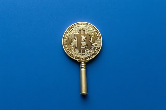 A turquoise background serves as the setting for bitcoin, virtual money, and cryptocurrency, all of which are under scrutiny from a magnifying glass, captured from the side in a close-up, copyable