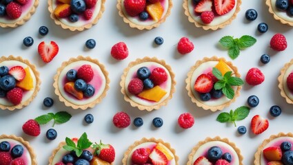 Collection of flavorful sweet tartlets featuring fresh berries on a background, top perspective. Banner design