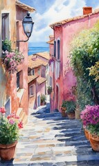 Naklejka premium Village sketch: street European charm, scenic composition, architectural detail, artistic vision, watercolor touch, rustic scenery, cobblestone road, delicate hues, timeless portrayal.