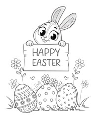 Cartoon easter bunny holding happy easter sign with decorated eggs and flowers in black and white outline