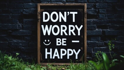 Fototapeta premium Sign saying don't worry be happy on a dark wall in the garden