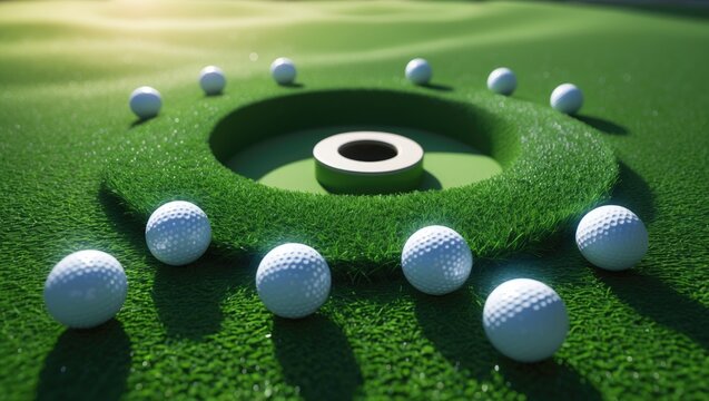 A collection of golf balls by the hole on the putting green