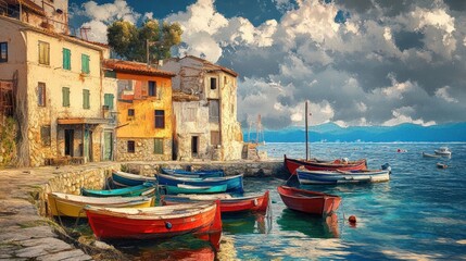 Obraz premium A small fishing village by the sea, colorful boats docked along the shore --ar 16:9 --v 6.1 Job ID: 344e44f3-482f-4a8e-ab38-bd590c78c33f