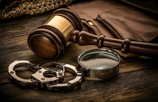 The image of a broken gavel under a magnifying glass alongside handcuffs on a table represents a failing legal system