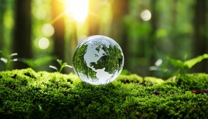 クリスタルの地球儀が苔の森に溶け込みながらも輝きを放ち、自然とテクノロジーの融合を静かに示す

