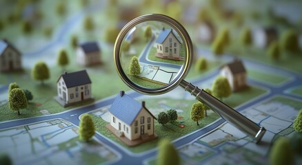 The image of a house magnified over a colorful map embodies the concepts of real estate searching, property hunting, navigation, home buying, and location-based housing services