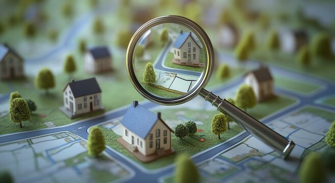The image of a house magnified over a colorful map embodies the concepts of real estate searching, property hunting, navigation, home buying, and location-based housing services