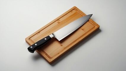 Isolated white background featuring a sharp chef's knife and wooden board from above