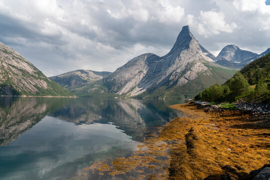 Norway, Narvik. Stetind Mountain and fjord.