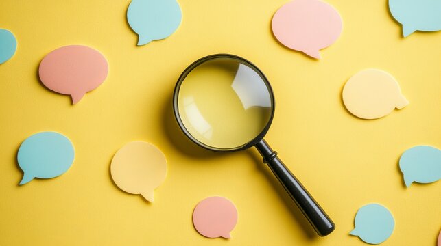 Giving opinions on a topic of discussion through survey feedback and evaluation feedback, symbolized by a speech bubble under a magnifying lens